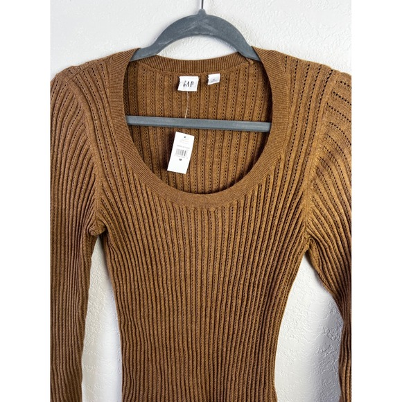 Gap Brown Rib Knit Long Sleeved Sweater Size Medium Stretch Scoop Neck NEW - Picture 3 of 9